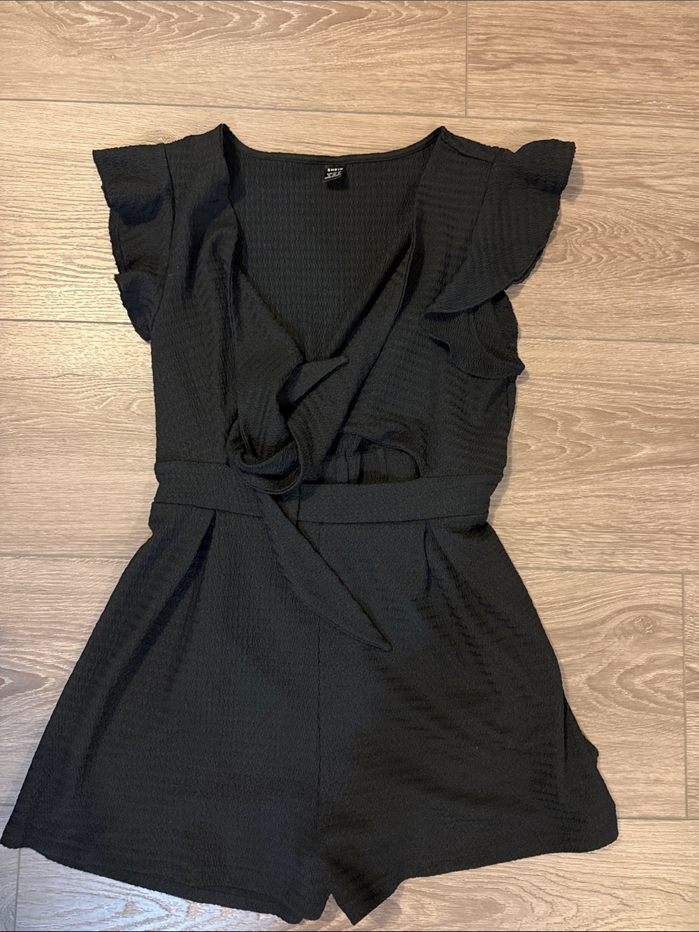 SHEIN Black Flutter Sleeve Wrap Romper Mini Dress